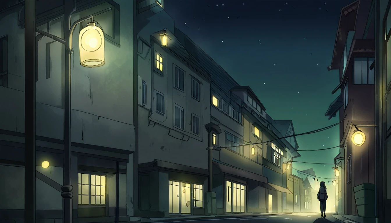 Silent dark street with deem lights, anime style.