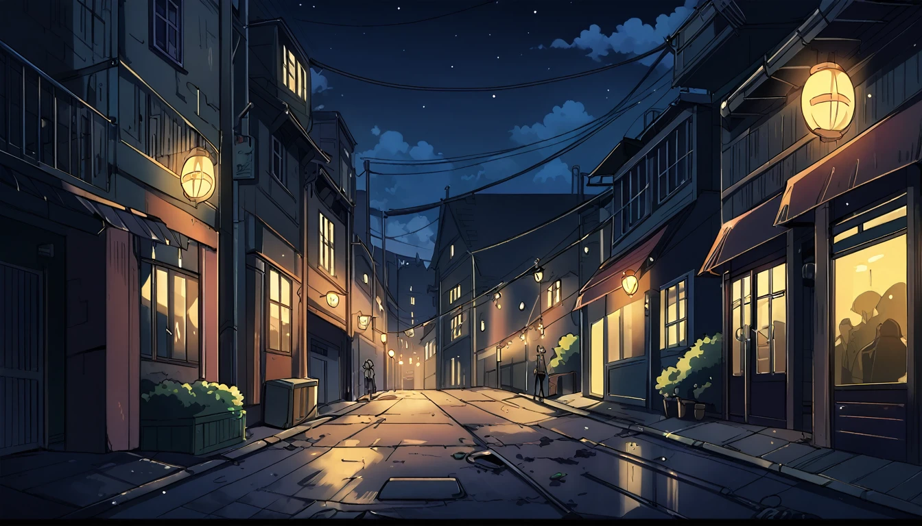 Silent dark street with deem lights, anime style.