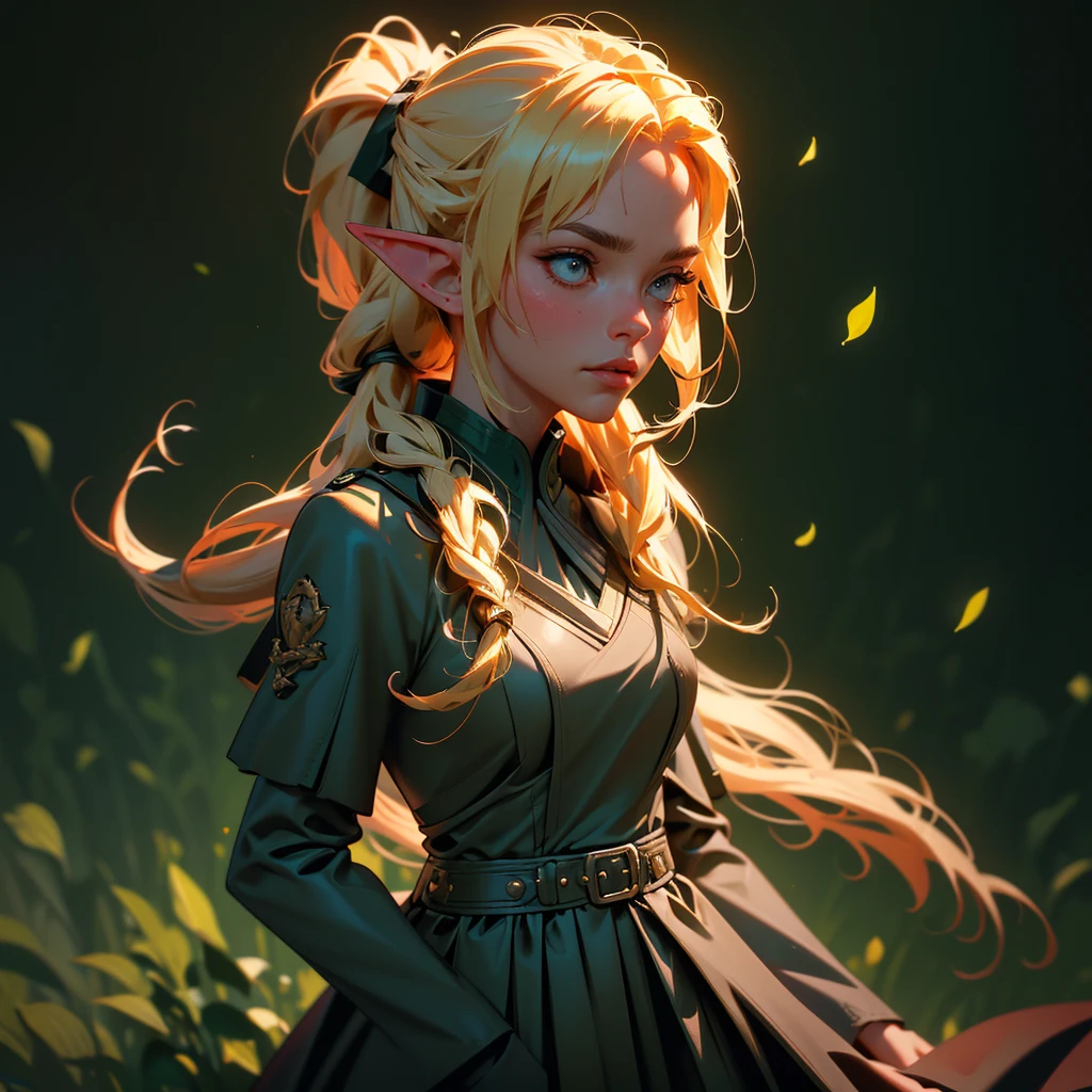 envision a 8k, highres, cinematic, beautiful close up portrait of a woman with blonde hair in a ponytail braid, red eyes, Military Dress, Tactical Skirt, Elegant Green Cape, Elf ears, tan skin,Fantasy accessories, in dark lighting, against a dark gray background