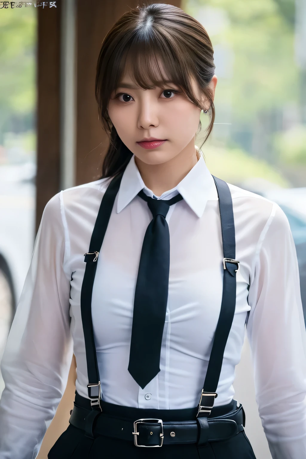 a woman in a suit, belt, hands behind back, sweating, suspenders, black pants, sexly, large breasts, see-through clothing, rain, detective, office worker, white button-up shirt, (best quality,4K,8k,highres,masterpiece:1.2),ultra-detailed,(realistic,photorealistic,photo-realistic:1.37),hyper-detailed,highly detailed face and body, Slender　thin　suspenders　Moderate breasts　See-through shirt　Nipples　holster　chain　Pistol　Armament　criminal　Female criminal　knife　japanese　profile　Japanese women　arrested handcuff　belt
