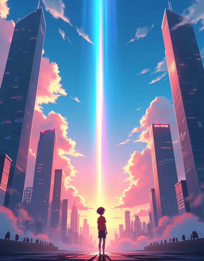 Anime boy standing in a big city looking at the rainbow sky,Near future city、 Makoto Shinkai Cyril Rolland, anime art wallpaper 4k, anime art wallpaper 4k, Anime Art Wallpapers 8K, Inspired by Cyril Rolland, Dan Mumford&#39;s Artwork Style, Awesome Wallpapers, by Yuumei