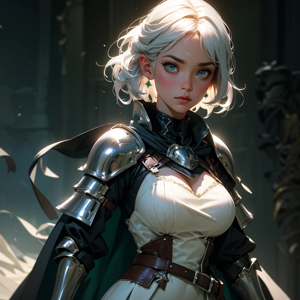 envision a 8k, highres, cinematic, beautiful close up portrait of a woman with big breasts and wide hips with silver white short hair, green eyes, Military Dress, Tactical Skirt, Black Cape, Knight armor, Fantasy accessories, in dark lighting, against a dark gray background