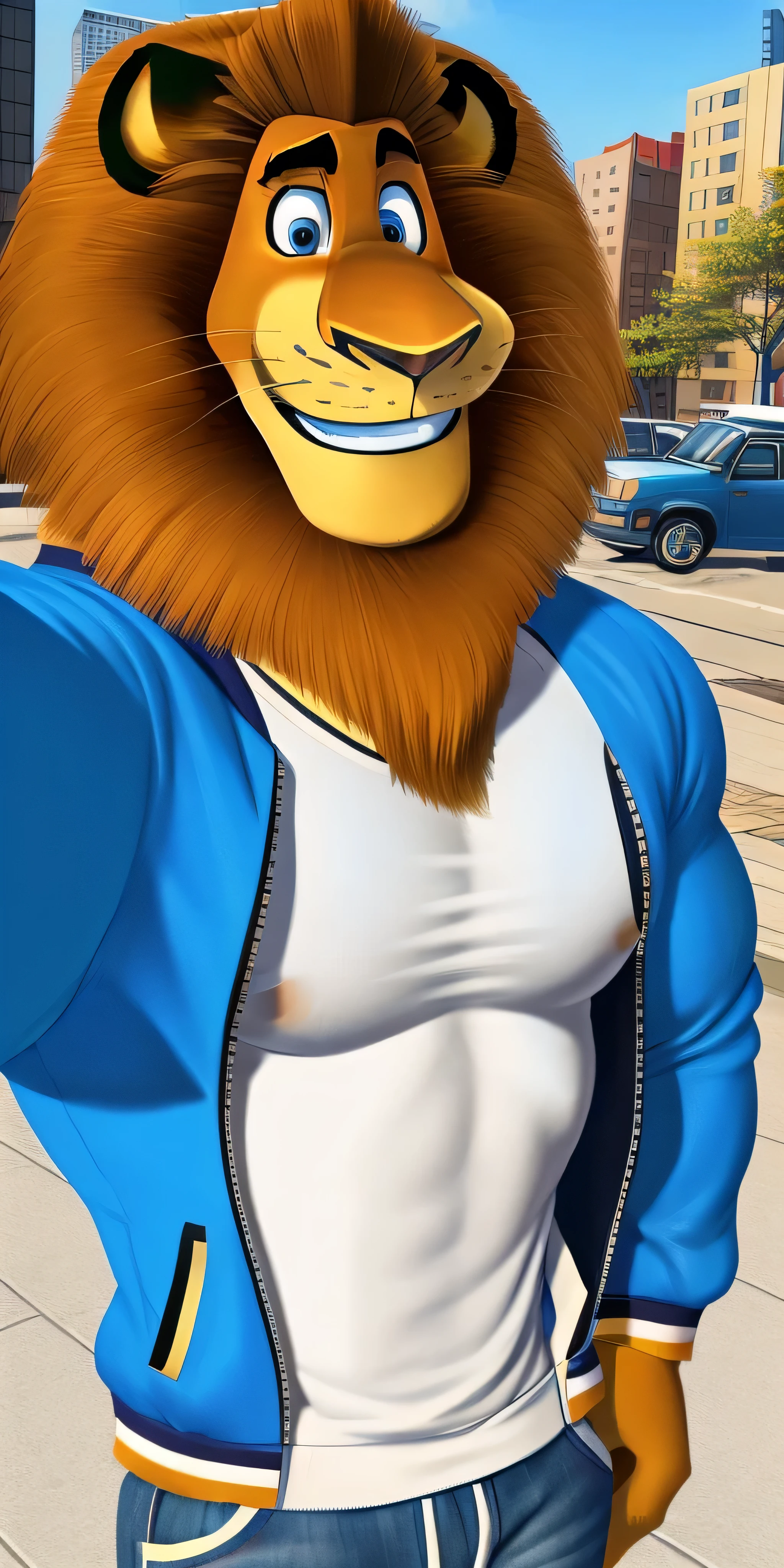 Alex the Lion, muscular body, big biceps, extremely beautiful and cute face, wears orange sweatshirt, blue cargo shorts, sneakers, elevator background, selfie, friendly look, smiling