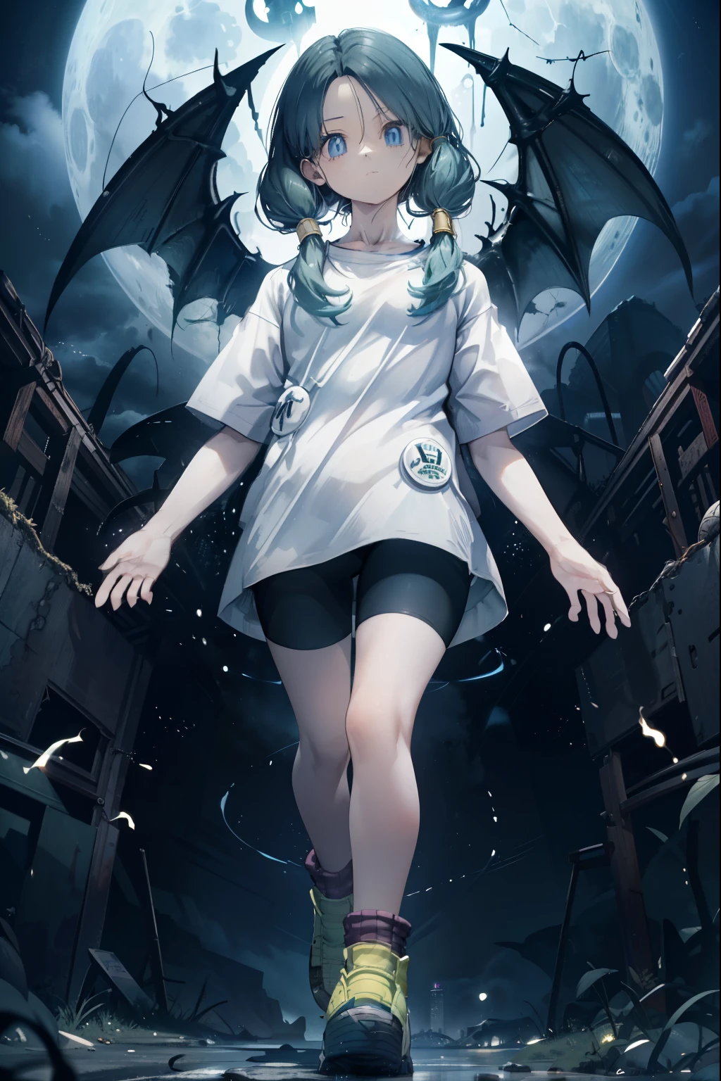 He saw,Saw 2,Low Twintails,White T-shirt,badge, bicycle_Shorts,Green shoes,Cool look,((A dreamlike hell world:1.4)),super high quality,Highest quality,4k quality,Energy Wave,Full body image,nice,aura,night,full moon,blue eyes,Stand with your feet apart,Put your hands down,