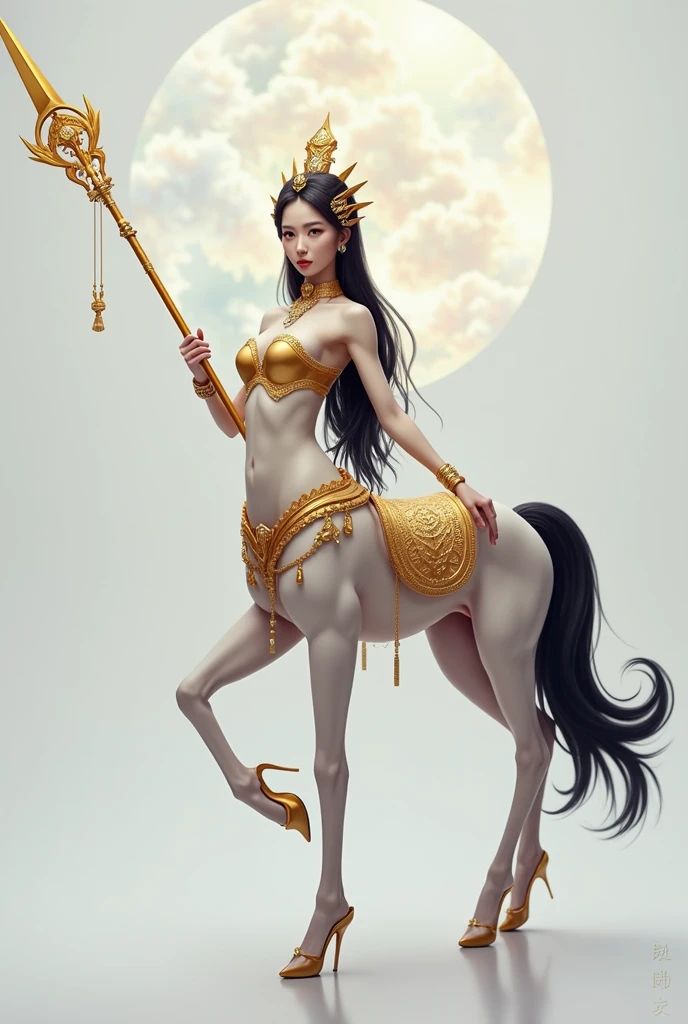 masterpiece,(Best quality:1.3),Centaur girl,lora:Centaur girlV1.0:0.6,(Icefield:1.3),(Head and body 1：9：1.3)Nine-head body，Holding a long weapon，Ancient mythology character Erlang Shen costume，Full body golden ancient Chinese armor，Golden headdress，Elegant, beautiful and elegant，All four legs are the same thickness，Ancient Chinese warframe，Mythological Characters Costumes，Background of the picture: Ancient Chinese Heavenly Palace，Mythology Background，Luck is surrounded by colorful clouds，Smooth skin，Black Hair，Perfect facial features，Full breasts，(Leather belt bracelet neck: 1.4)，(White crystal high heels: 1.6)，Fair and translucent skin，Pale skin，Peach-like skin，The milky white porcelain skin of the eggs