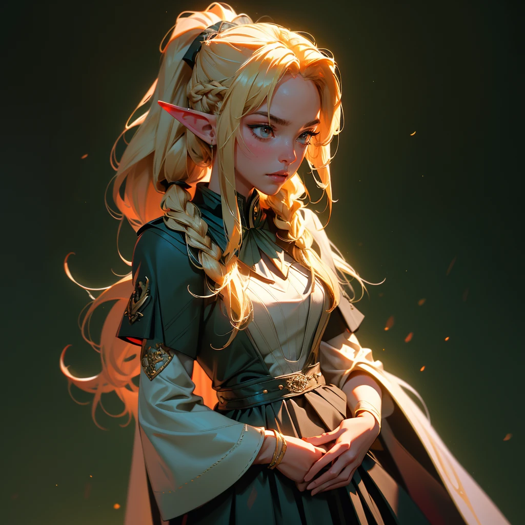 envision a 8k, highres, cinematic, beautiful close up portrait of a woman with blonde hair in a ponytail braid, red eyes, Military Dress, Tactical Skirt, Elegant Green Cape, Elf ears, tan skin,Fantasy accessories, in dark lighting, against a dark gray background