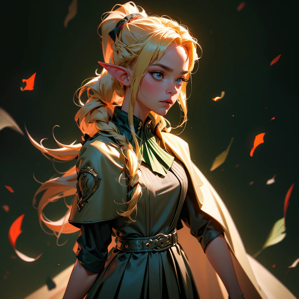 envision a 8k, highres, cinematic, beautiful close up portrait of a woman with blonde hair in a ponytail braid, red eyes, Military Dress, Tactical Skirt, Elegant Green Cape, Elf ears, tan skin,Fantasy accessories, in dark lighting, against a dark gray background