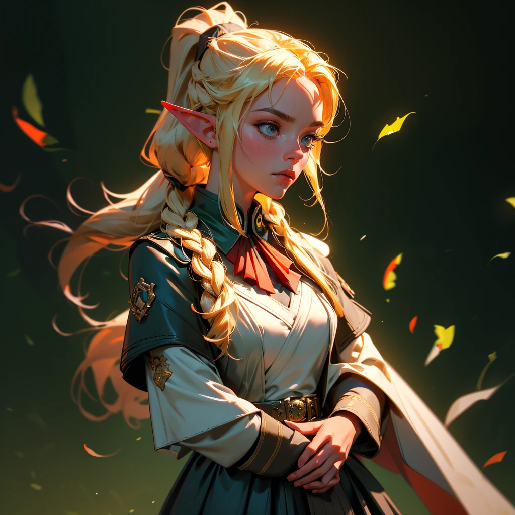 envision a 8k, highres, cinematic, beautiful close up portrait of a woman with blonde hair in a ponytail braid, red eyes, Military Dress, Tactical Skirt, Elegant Green Cape, Elf ears, tan skin,Fantasy accessories, in dark lighting, against a dark gray background