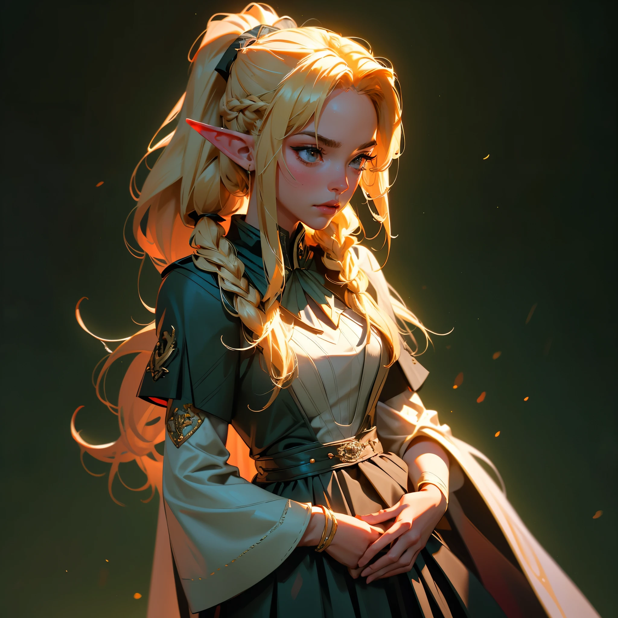 envision a 8k, highres, cinematic, beautiful close up portrait of a woman with blonde hair in a ponytail braid, red eyes, Military Dress, Tactical Skirt, Elegant Green Cape, Elf ears, tan skin,Fantasy accessories, in dark lighting, against a dark gray background