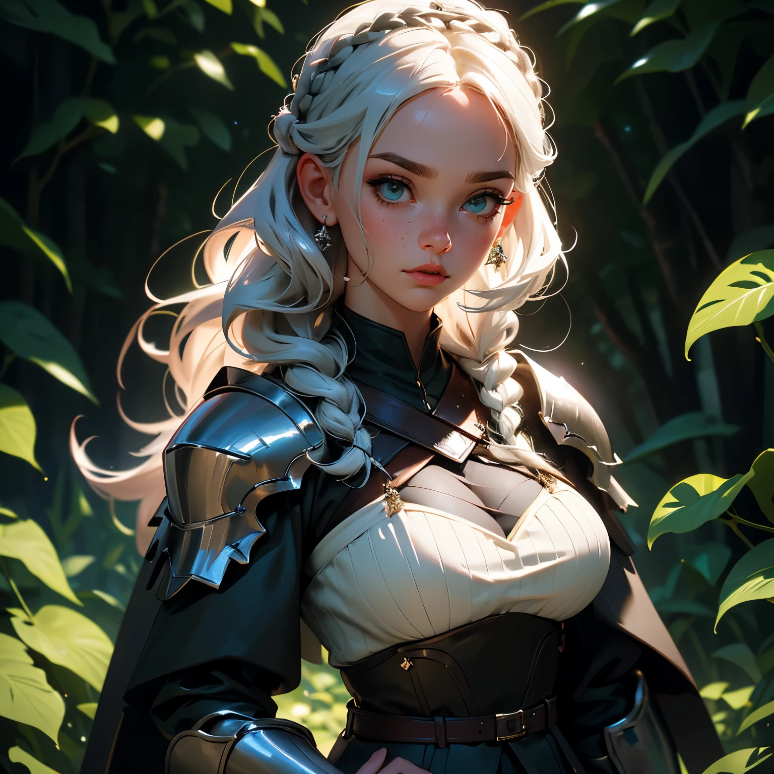 envision a 8k, highres, cinematic, beautiful close up portrait of a woman with big breasts and wide hips with silky silver white short braided hair, long bangs, forest green eyes, freckles, Military Dress, Tactical Skirt, Black Cape, Knight armor, Fantasy accessories, in dark lighting, against a dark gray background