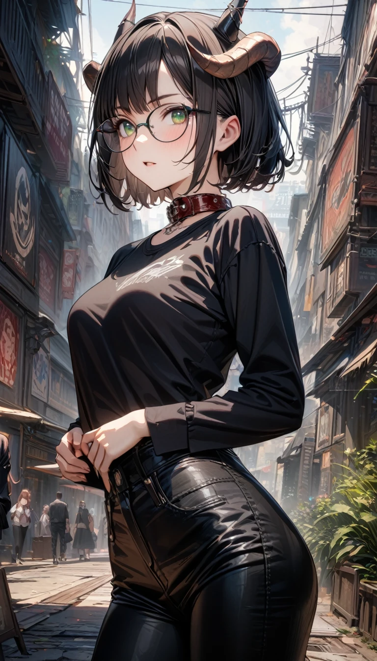 short hair,  Girls,Black Hair, Vest, pullover, Dragon Horn, Sharp Teeth, permanent, Smile, whole body , boots, Long skirt, Dungeon，Broken cloak，mystery