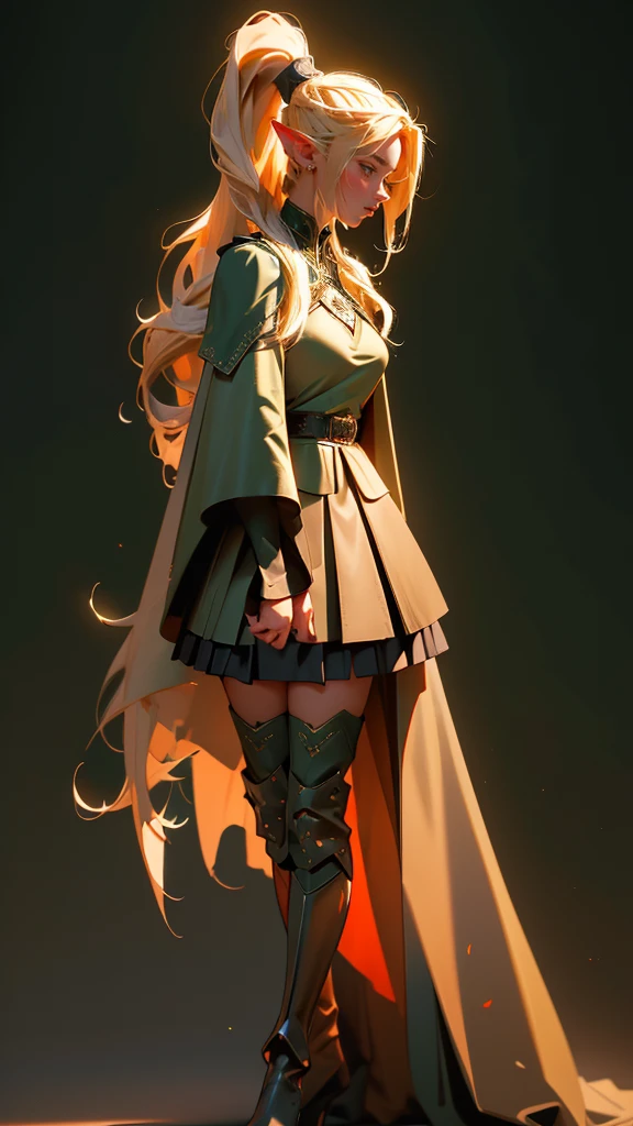 envision a 8k, highres, cinematic, beautiful full body splash art of a woman with blonde hair in a ponytail braid, red eyes, Military Dress, Tactical Skirt, Elegant Green Cape, long brown boots, Elf ears, tan skin,Fantasy accessories, in dark lighting, against a dark gray background