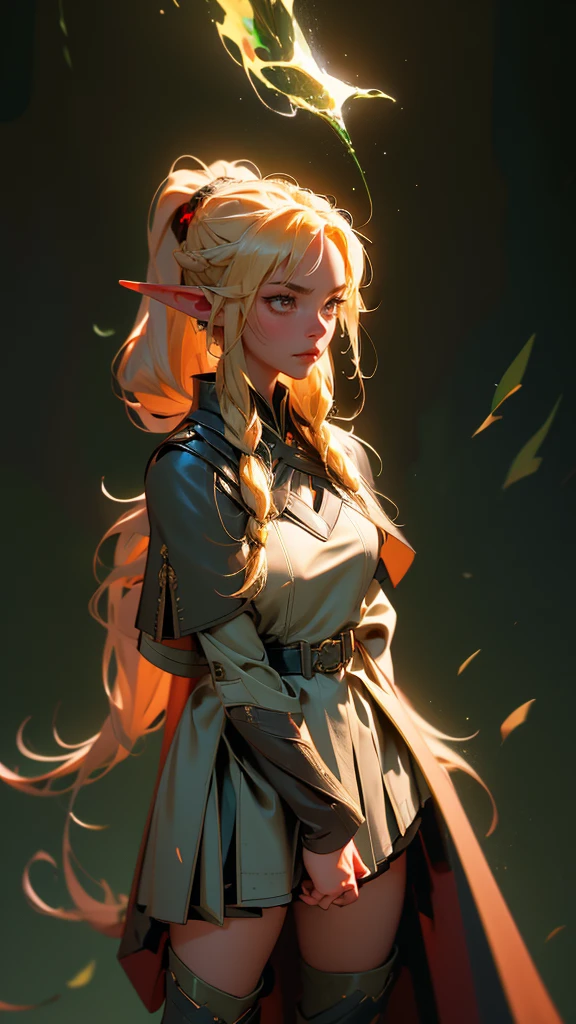 envision a 8k, highres, cinematic, beautiful full body splash art of a woman with blonde hair in a ponytail braid, red eyes, Military Dress, Tactical Skirt, Elegant Green Cape, long brown boots, Elf ears, tan skin,Fantasy accessories, in dark lighting, against a dark gray background