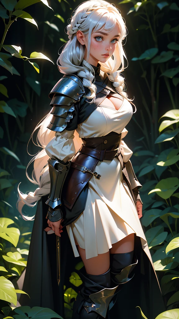 envision a 8k, highres, cinematic, beautiful full body splash art of a woman with big breasts and wide hips with silky silver white short braided hair, long bangs, forest green eyes, freckles, Military Dress, Tactical Skirt, Black Cape, Knight armor, Fantasy accessories, in dark lighting, against a dark gray background