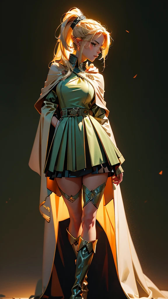 envision a 8k, highres, cinematic, beautiful full body splash art of a woman with blonde hair in a ponytail braid, red eyes, Military Dress, Tactical Skirt, Elegant Green Cape, long brown boots, Elf ears, tan skin,Fantasy accessories, in dark lighting, against a dark gray background