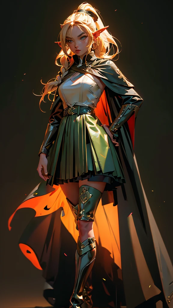 envision a 8k, highres, cinematic, beautiful full body splash art of a woman with blonde hair in a ponytail braid, red eyes, Military Dress, Tactical Skirt, Elegant Green Cape, long brown boots, Elf ears, tan skin,Fantasy accessories, in dark lighting, against a dark gray background