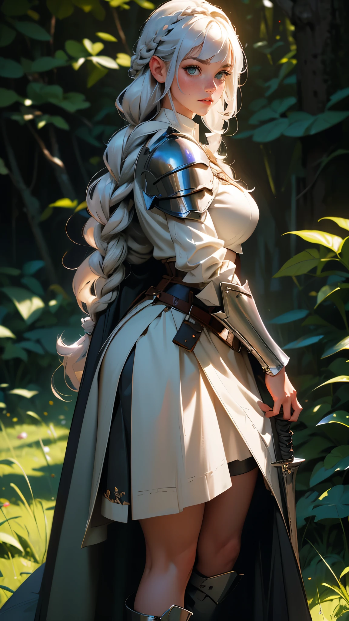 envision a 8k, highres, cinematic, beautiful full body splash art of a woman with big breasts and wide hips with silky silver white short braided hair, long bangs, forest green eyes, freckles, Military Dress, Tactical Skirt, Black Cape, Knight armor, Fantasy accessories, in dark lighting, against a dark gray background