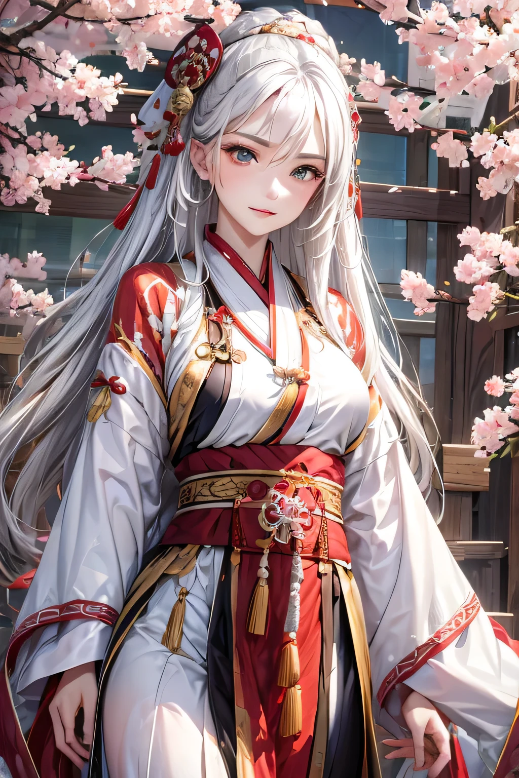 high resolution, 1 female, Solitary, Shiny skin, Jewelry, Above the waist, White hair, Hanfu, Taoist robe, Cherry blossoms，White Hanfu，Normal human hand 1 woman, 