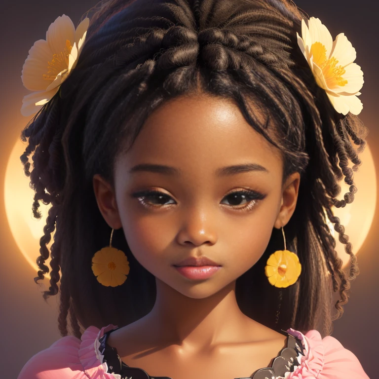 the face of the happiest black colombian girl in the world, a cascade of colorful hair, her clothes torn. Her eyes are wide and full of joy with lots of light details and reflections. she has many beautiful flowers in her hair