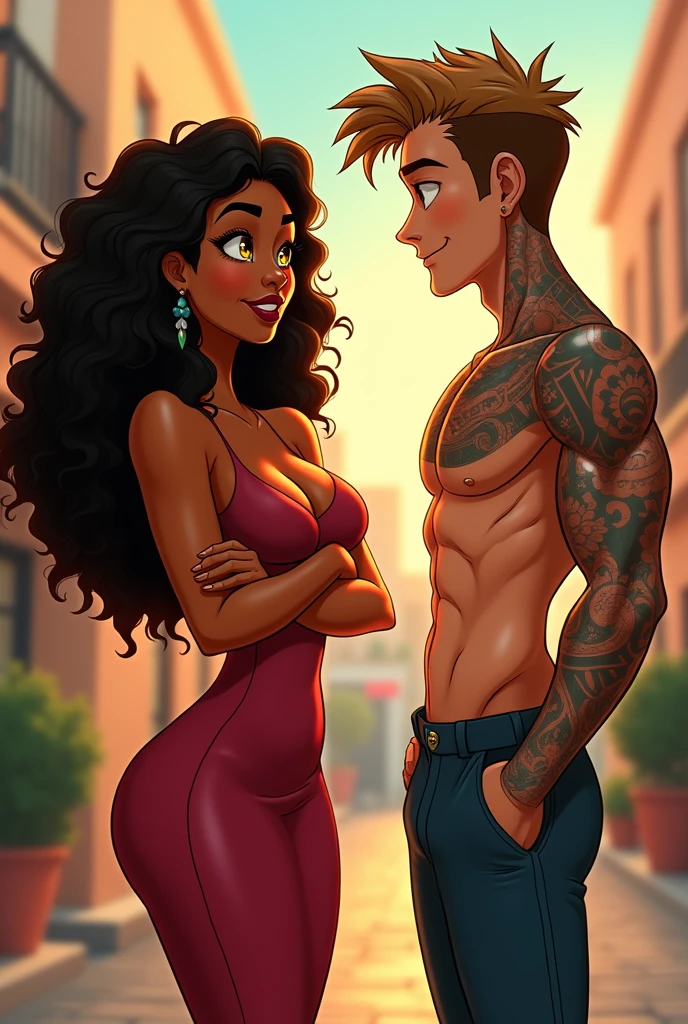 She has long curly hair, bright olive skin and striking, light yellow eyes., curvy body and full lips.
He has short brown hair, a chiseled jaw, a beautiful tattooed body, and striking green eyes. He is so handsome that he looks like the actor who played Clark Kent but younger..
They are facing each other, she has her arms crossed and he has a mocking smile.. animated cartoon.