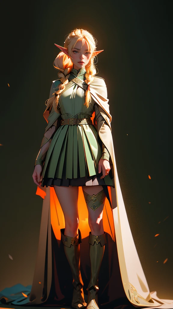 envision a 8k, highres, cinematic, beautiful full body splash art of a woman with blonde hair in a ponytail braid, red eyes, Military Dress, Tactical Skirt, Elegant Green Cape, long brown boots, Elf ears, tan skin,Fantasy accessories, in dark lighting, against a dark gray background