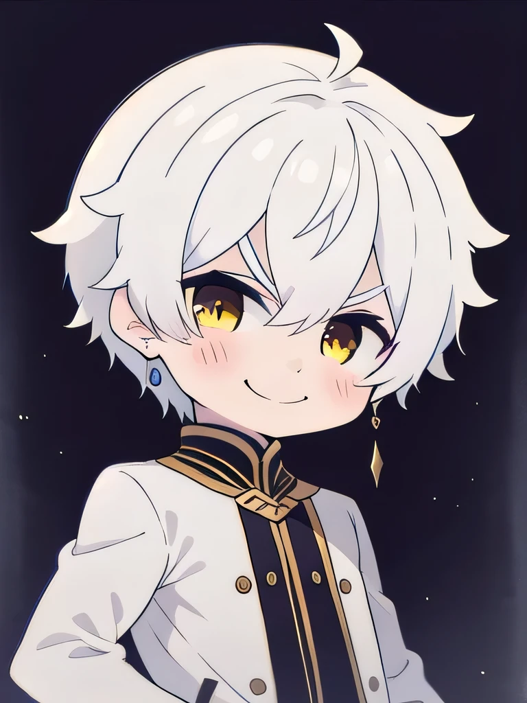 simple background, masterpiece, best quality, 1boy, solo, male focus, insidious, depth of field, regulus_corneas, white hair, yellow eyes, jewelry, white long jacket, Sly smile, sly eyes, standing cool, put hand in jacket, (masterpiece, best quality:1.2), solo, chibi style 