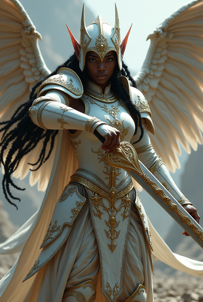 (medium full shot) of (angelic valkyrie) young woman, Feathered wings with iridescent plumage, south african, dark eyes, dark skin, dark skin, black eyes, normal build, long hazel afro hair, wearing Feathered pauldrons with engraved symbols, scalemail skirt, helm adorned with raven feathers, knee-high sandals, enchanted silver spear with runic carvings, magic shield with heraldic emblem, enchanted pendant with a glowing gemstone, set in Enchanted Glade, Mystical grove with ancient trees, their branches reaching towards the heavens, a carpet of moss and ferns underfoot, shafts of golden sunlight filtering through the canopy , smiling at the viewer, Masterpiece,best quality, photorealistic, amazing quality, very aesthetic, extremely detailed face,