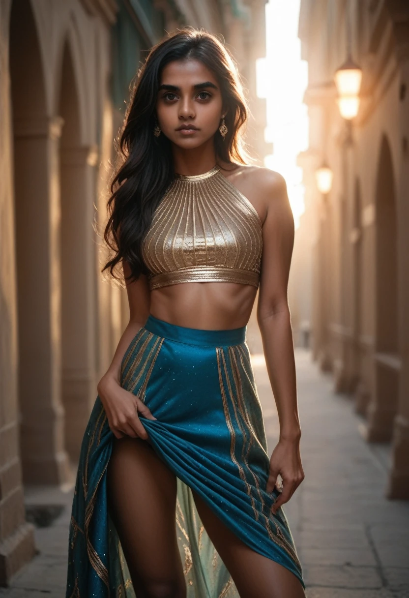 A beautiful Indian woman, detailed facial features, long dark hair, lifting her skirt, (skirt lift)revealing her legs, photorealistic, highly detailed, 8k, hyperrealistic, dramatic lighting, intricate clothing folds, vibrant colors, cinematic composition, dramatic pose