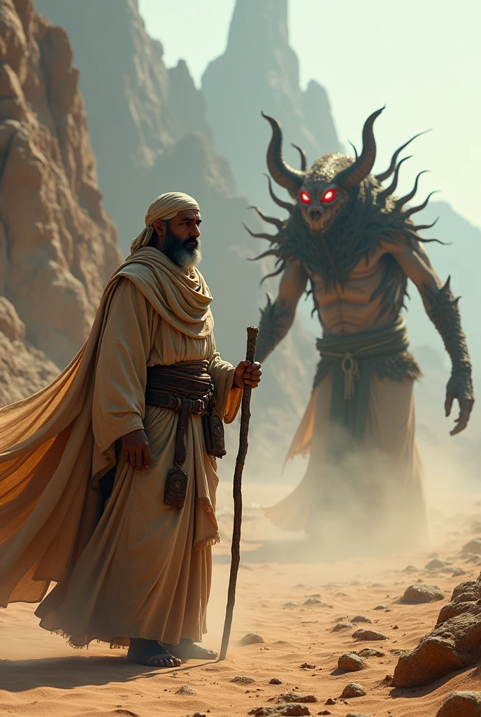 dark arabian fantasy in the style of hp lovecraft, nomad hunting a highly detailed sand golem, in moonlit desert ruins, dynamic light, matte painting, dynamic angle, slow shutter speed, dynamic shadows