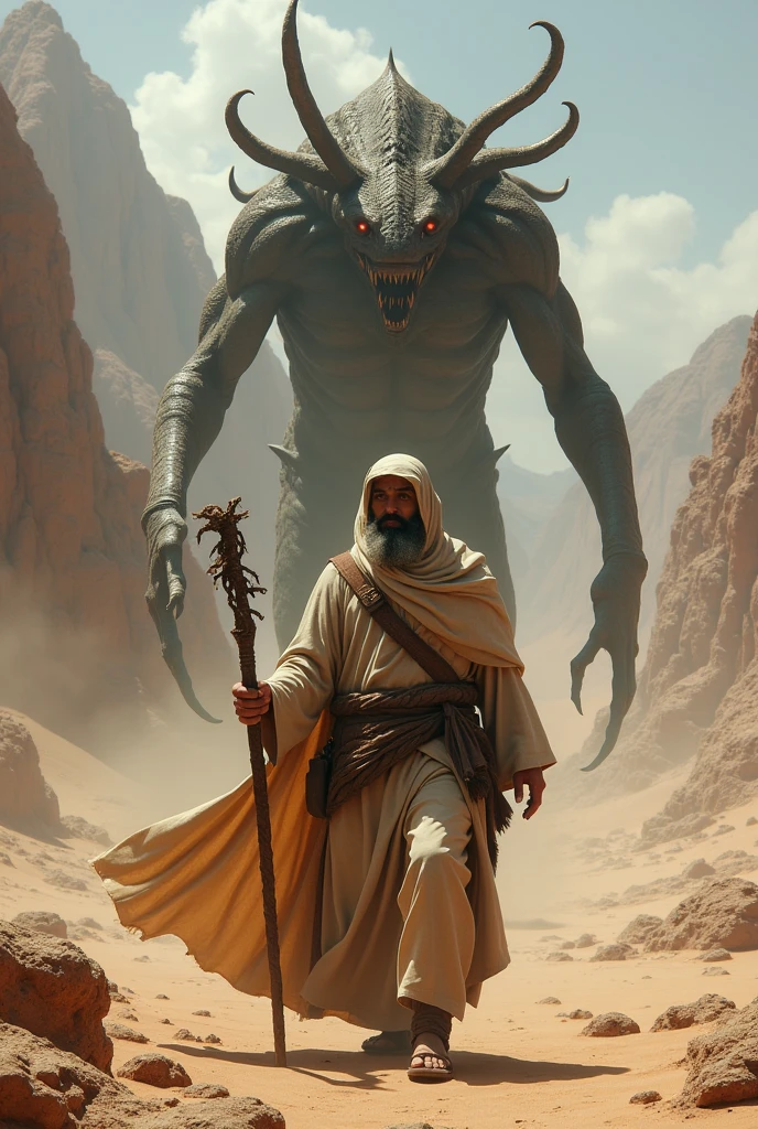 dark arabian fantasy in the style of hp lovecraft, nomad hunting a highly detailed sand golem, in moonlit desert ruins, dynamic light, matte painting, dynamic angle, slow shutter speed, dynamic shadows