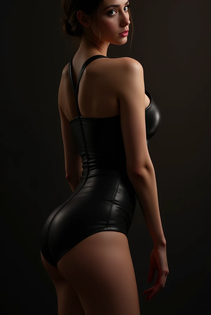 Marylin Monroe, fit body, leather dominatrix outfit, (nice ass:1.2)), bare shoulders, unzipped top, masterpiece, looking at camera, (high detailed skin:1.2), 8k uhd, dslr, super lighting, high res, hyper realistic, beautiful face, beautiful body, beautiful eyes nose lips, alluring expression, very bold, upper visible, full body photo, standing legs apart, pale translucent glowing skin, most beautiful face, cute, (well defined pubic hair:1.2)), (dark plain black background:1.4))