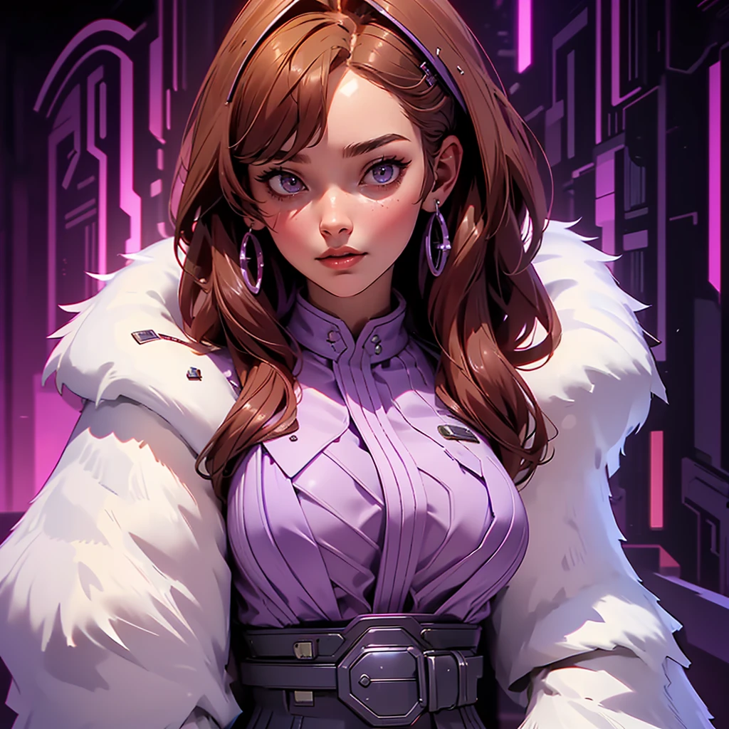 envision a 8k, highres, cinematic, beautiful close up portrait art of a woman with big breasts and wide hips with warm brown hair, long bangs, purple eyes, Military Dress, Tactical Skirt, Fluffy short Cape,cyberpunk armor, Tactical accessories, sunglasses, in dark lighting, against a dark gray background