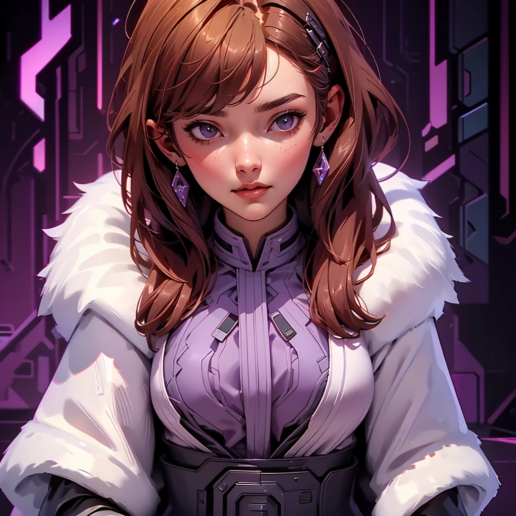 envision a 8k, highres, cinematic, beautiful close up portrait art of a woman with big breasts and wide hips with warm brown hair, long bangs, purple eyes, Military Dress, Tactical Skirt, Fluffy short Cape,cyberpunk armor, Tactical accessories, sunglasses, in dark lighting, against a dark gray background