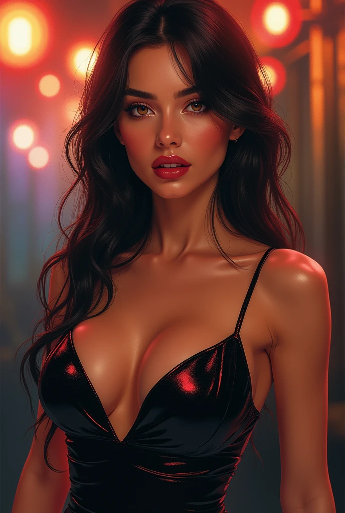 a cute woman (random fantasy race), 25 years old, giga busty, wearing a string bikini, dancing and flirting on stage under the spotlight, pale makeup, deep red lipstick, camera angle low looking up, fantasy magic strip club, hyper detailed, masterpiece, 8k, photorealistic, intricate details, volumetric lighting, dynamic pose, dramatic lighting, neon colors, moody atmosphere