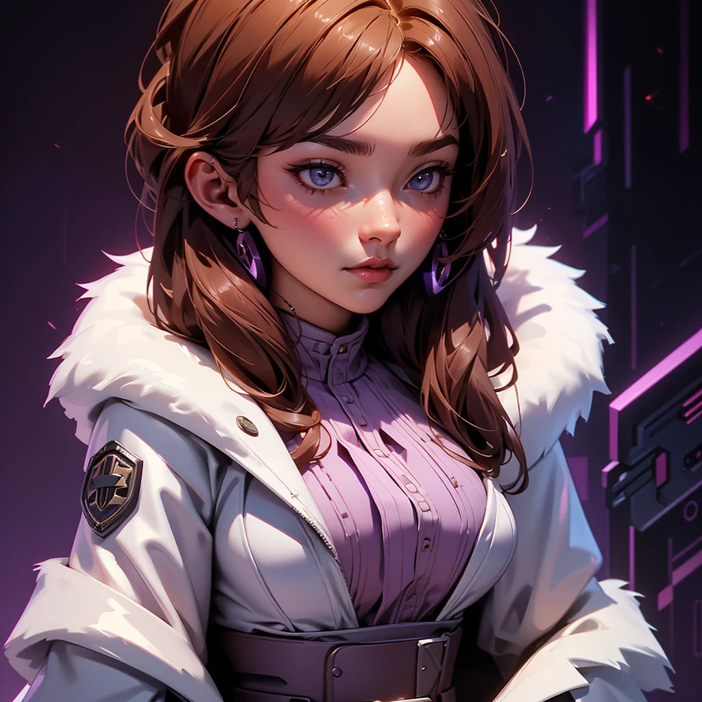 envision a 8k, highres, cinematic, beautiful close up portrait art of a woman with big breasts and wide hips with warm brown hair, long bangs, purple eyes, Military Dress, Tactical Skirt, Fluffy short Cape,cyberpunk armor, Tactical accessories, sunglasses, in dark lighting, against a dark gray background