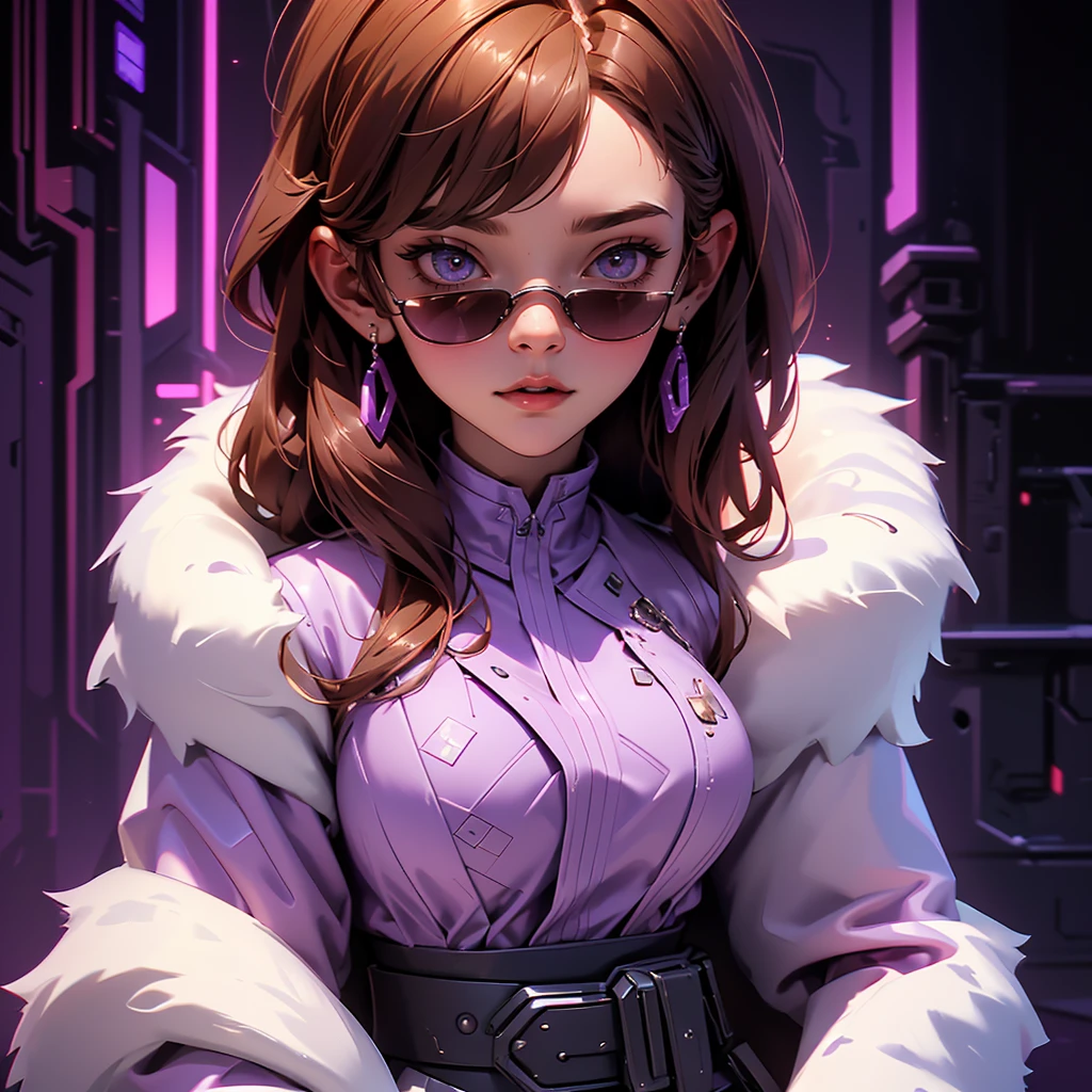 envision a 8k, highres, cinematic, beautiful close up portrait art of a woman with big breasts and wide hips with warm brown hair, long bangs, purple eyes, Military Dress, Tactical Skirt, Fluffy short Cape,cyberpunk armor, Tactical accessories, sunglasses, in dark lighting, against a dark gray background