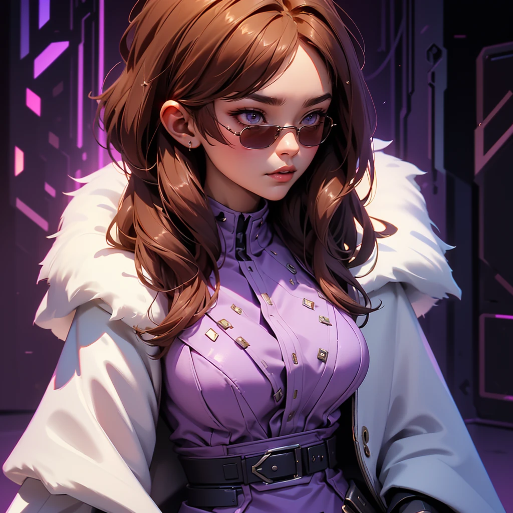 envision a 8k, highres, cinematic, beautiful close up portrait art of a woman with big breasts and wide hips with warm brown hair, long bangs, purple eyes, Military Dress, Tactical Skirt, Fluffy short Cape,cyberpunk armor, Tactical accessories, sunglasses, in dark lighting, against a dark gray background