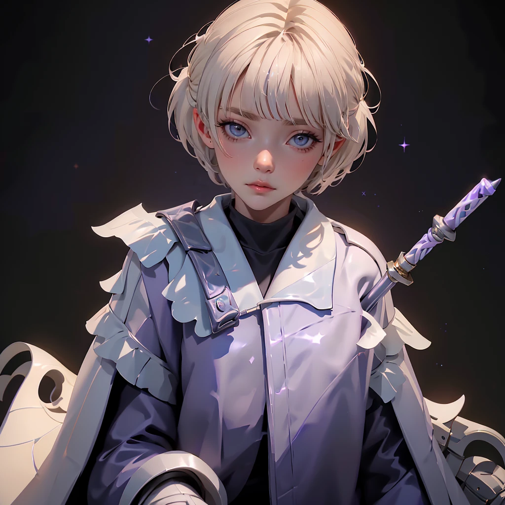 envision a 8k, highres, cinematic, beautiful close up portrait of a girl with white short hair, long bangs, purple eyes, Military Jacket, Tactical White Skirt, Magic Wand, Magic Short Robes, Long Boots, Sexy, in dark lighting, against a dark gray background