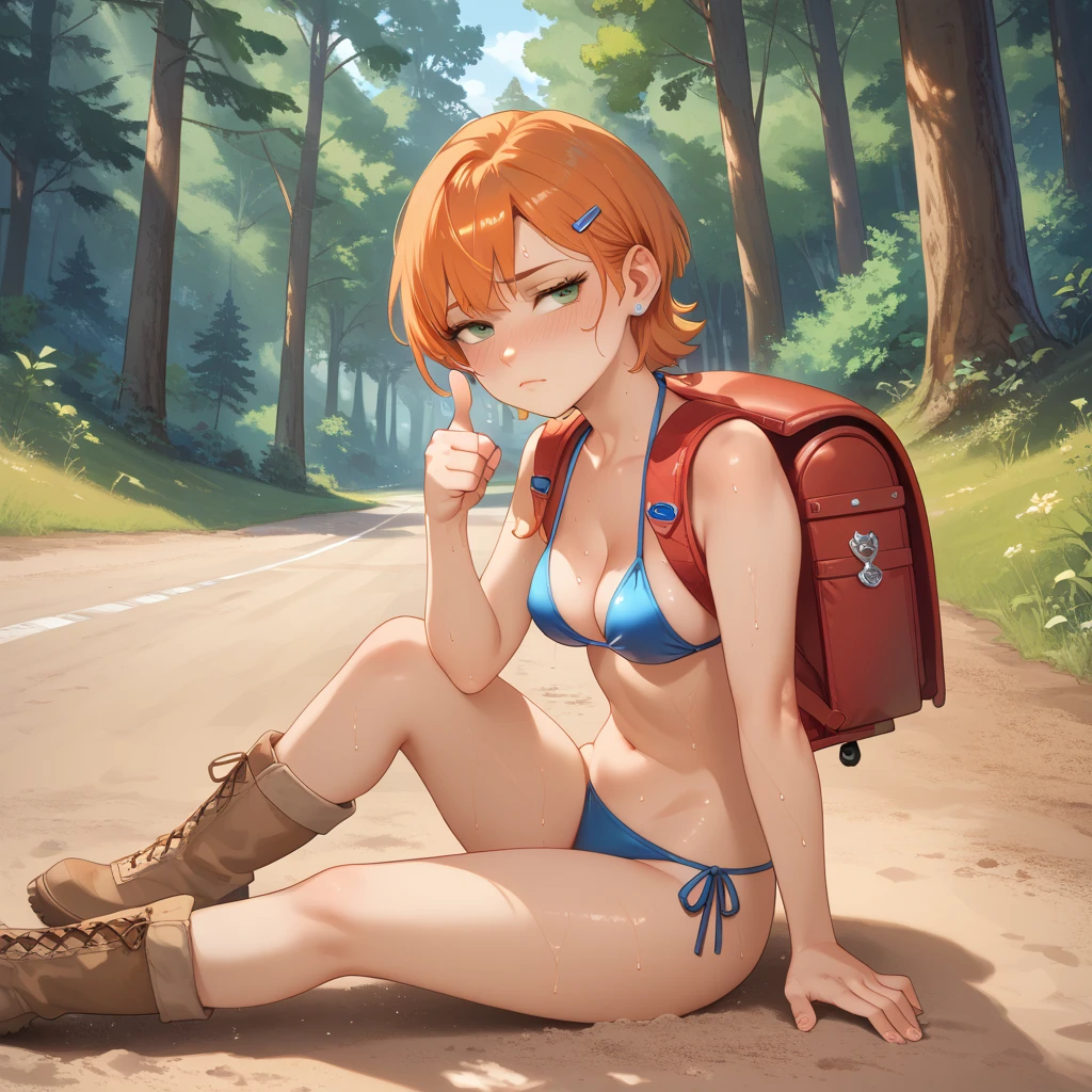 [3dmm:4], ((highres)), very detailed, score_9, (score_8_up), score_7_up, score_6_up, 1girl, Gwendolyn_Tennyson, beautiful, medium breasts, squating on side of road, tired, sweaty, sweat, sexy, alone, thumbs up, miniskirt, (bikini top:1.1), blushing, hiking backpack, boots, sunny, forest, outdoors, dirt road, expressiveh