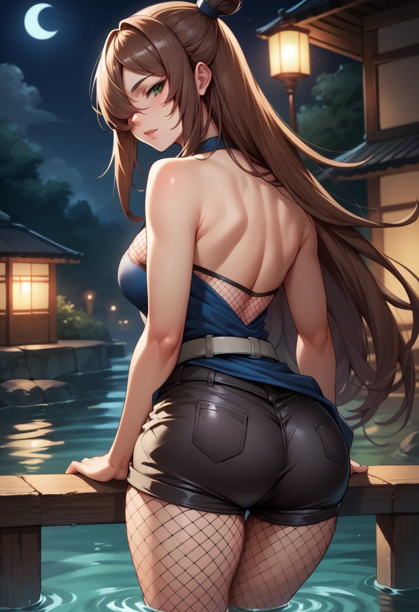 score_9, score_8_up, score_7_up, BREAK, score_9, terumi mei, brown hair, very long hair, hair over one eye, single hair bun, fishnets, bare shoulders, blue dress, black shorts, belt, fishnet pantyhose, looking at viewer, cowboy shot, ass, from behind, night, water