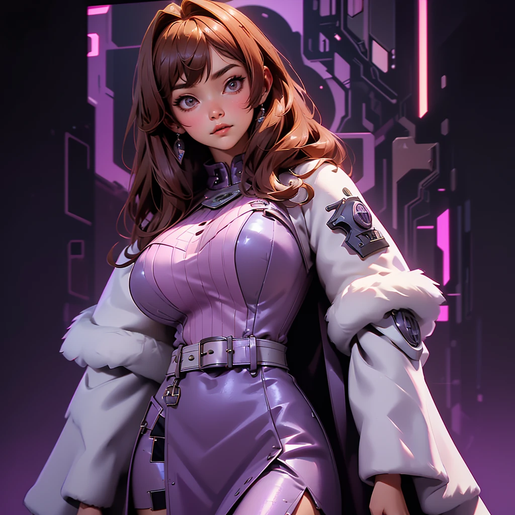 envision a 8k, highres, cinematic, beautiful close up portrait art of a woman with big breasts and wide hips with warm brown hair, long bangs, purple eyes, Military Dress, Tactical Skirt, Fluffy short Cape, cyberpunk armor, Tactical accessories, sunglasses, in dark lighting, against a dark gray background