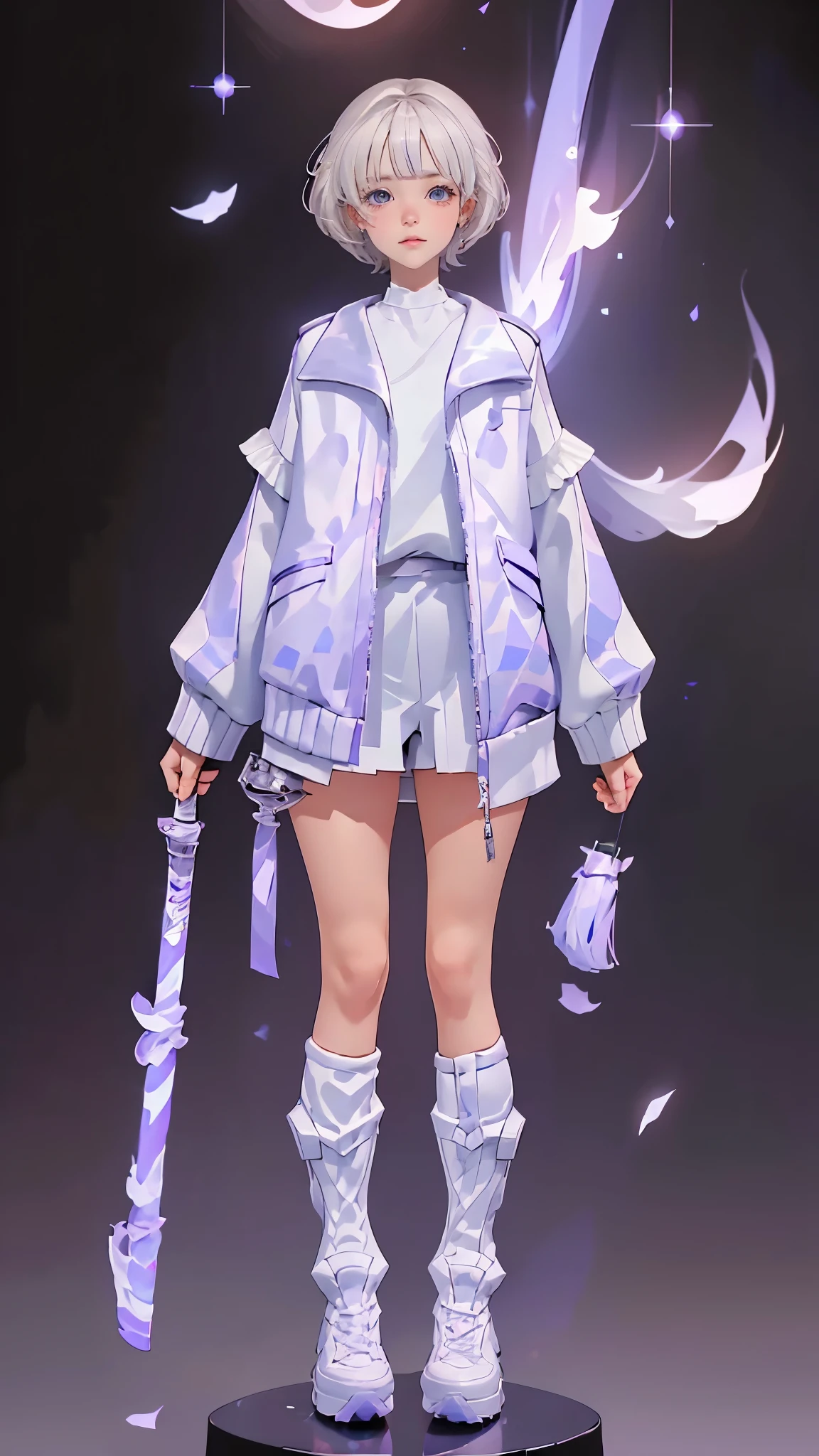 envision a 8k, highres, cinematic, beautiful full body splash art of a girl with white short hair, long bangs, purple eyes, Military Jacket, Tactical White Skirt, Magic Wand, Magic Short Robes, Long Boots, Sexy, in dark lighting, against a dark gray background