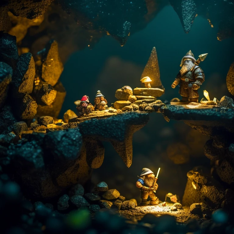 bokeh, A dwarf lights up a stony place with his headlamp. A (rugged dwarf) discovers a marvelous rough gem from the rocky walls as he trys to dig it out with his trusty pickaxe. His simple digger armor protects him. The gem glows brilliantly in the darkness. Cavern, underground. lightly glowing mushrooms dot the cave. a few unwanted minerals dot the cave walls. Splendor and wonder. Very gloomy, very dark, large grotto. stalactites, High Fantasy