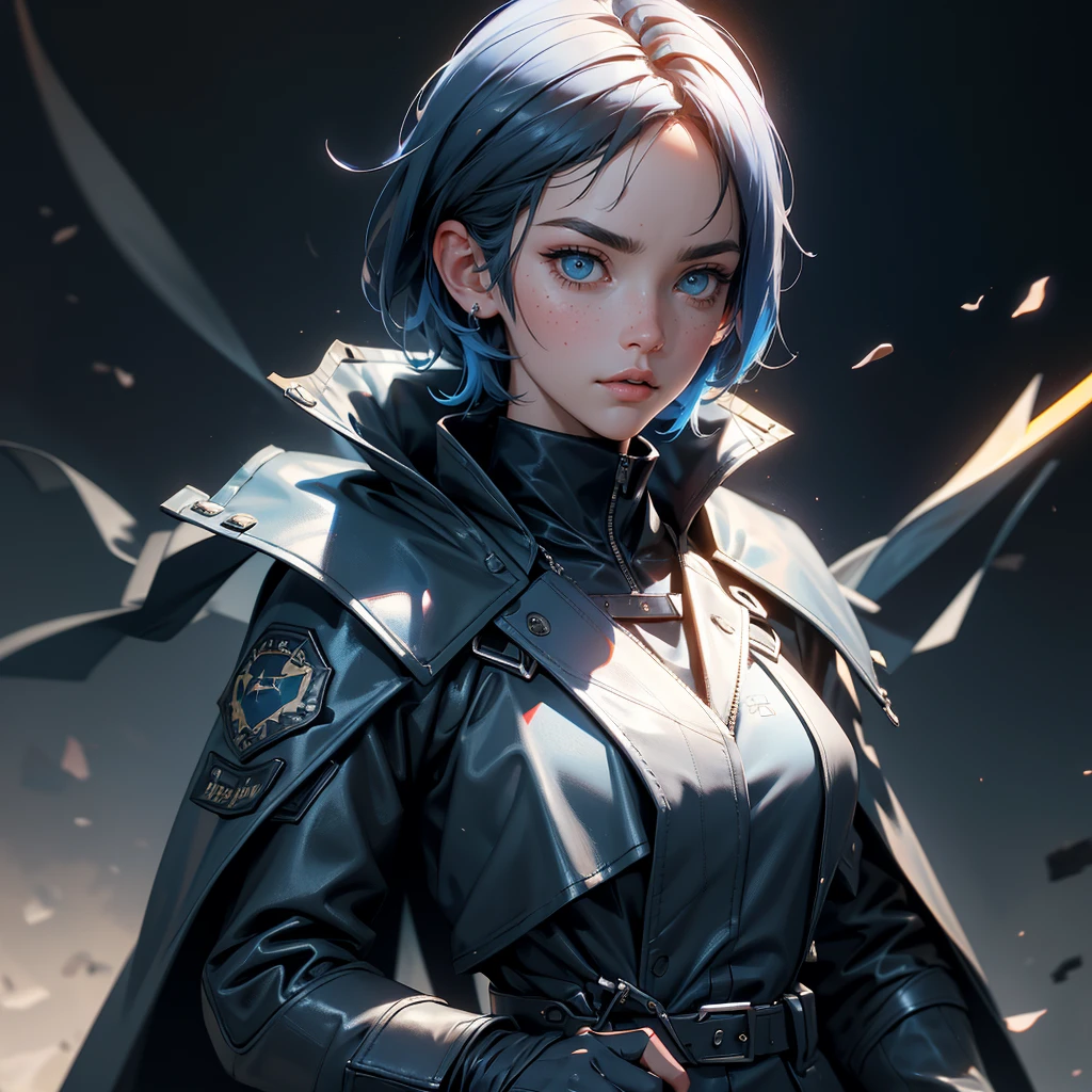 envision a 8k, highres, cinematic, beautiful close up portrait of a Slender tomboy with short dark blue hair, long bangs, blue eyes, freckles, Military Jacket, Tactical Tight Pants, Black Cape, Riot Gear Police accessories, Long Leather Boots, Sword on back, in dark lighting, against a dark gray background