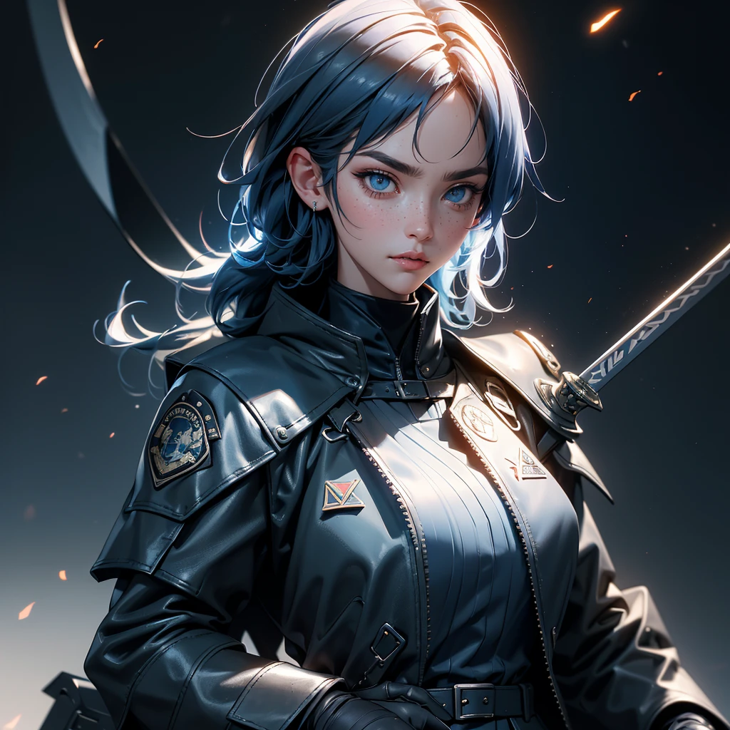 envision a 8k, highres, cinematic, beautiful close up portrait of a Slender tomboy with short dark blue hair, long bangs, blue eyes, freckles, Military Jacket, Tactical Tight Pants, Black Cape, Riot Gear Police accessories, Long Leather Boots, Sword on back, in dark lighting, against a dark gray background