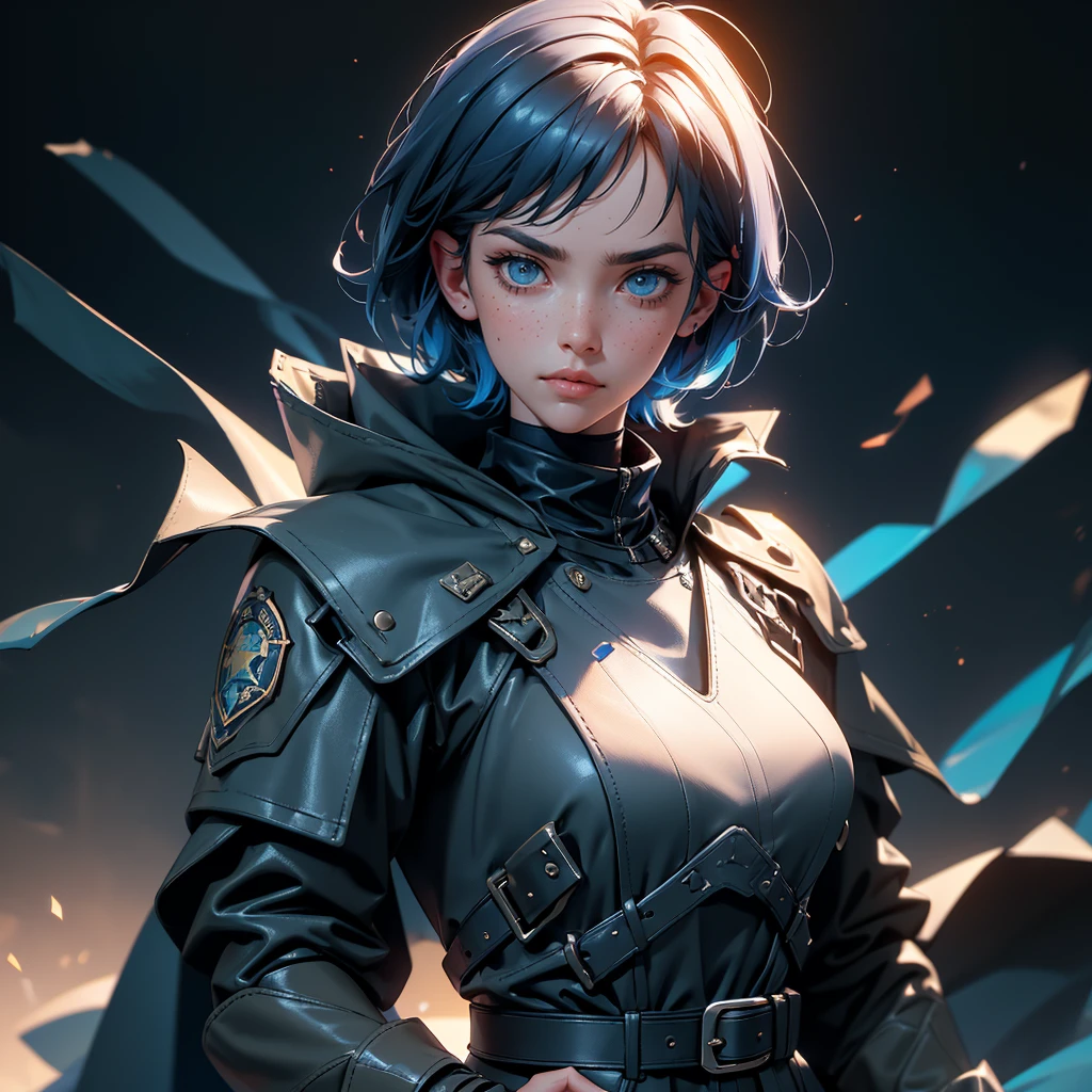 envision a 8k, highres, cinematic, beautiful close up portrait of a Slender tomboy with short dark blue hair, long bangs, blue eyes, freckles, Military Jacket, Tactical Tight Pants, Black Cape, Riot Gear Police accessories, Long Leather Boots, Sword on back, in dark lighting, against a dark gray background