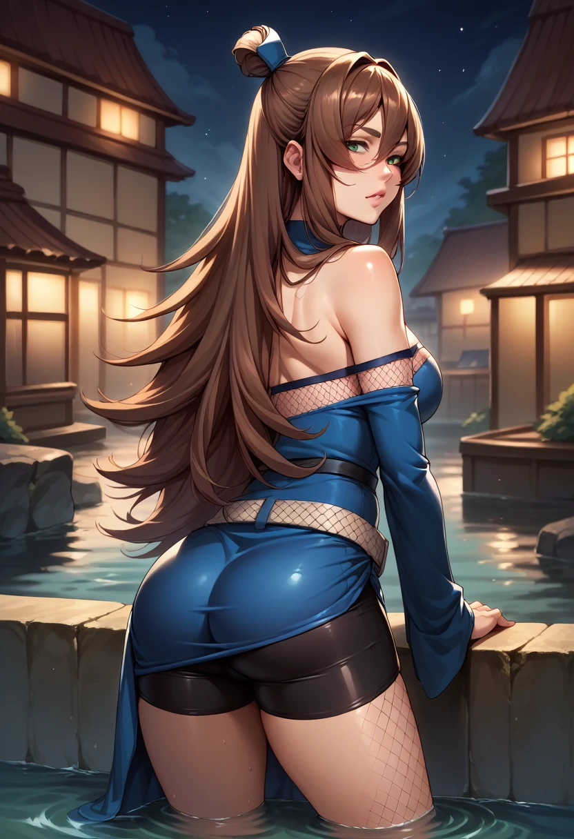 score_9, score_8_up, score_7_up, BREAK, score_9, terumi mei, brown hair, very long hair, hair over one eye, single hair bun, fishnets, bare shoulders, blue dress, bike shorts, belt, fishnet pantyhose, looking at viewer, cowboy shot, ass, from behind, night, water