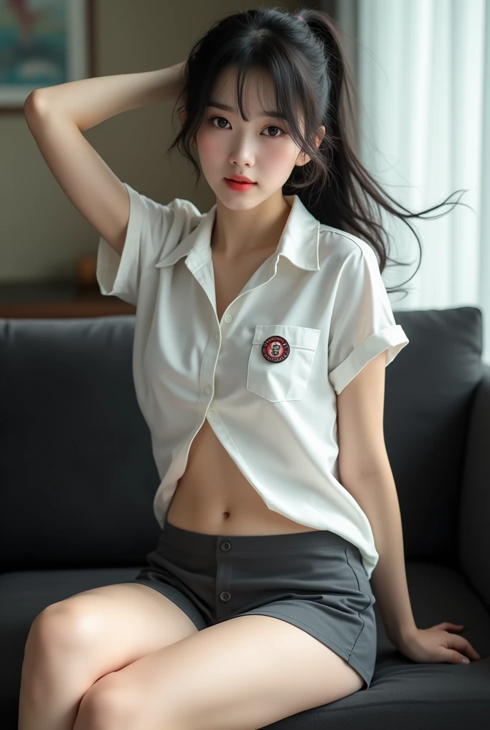 Selfie picture, RAW, Best quality, high resolution, masterpiece: 1.3), Beautiful young indonesian woman with short wavy hair, beautiful face, sex pose, stick on vagina, orgasm, showing vagina, open legs showing vagina, porn, creamy vagina, squirting, penis on vagina, on a top, ((senior high school clothes)), orgasm, highres, 4k, HDR, 1girl, realistic, big breasts, short wavy hair, ((whole body)) turning away facial at viewer, closeup, school building background.