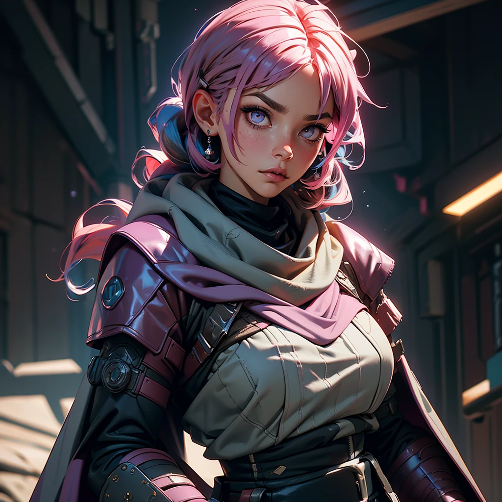 envision a 8k, highres, cinematic, beautiful close up portrait of a girl with pink hair multicolored hair, long bangs, pink eyes, Military Gear, Apex Legends, Wraith Armor, Tactical Skirt, Torn Tights, Cyberpunk armor, Purple Scarf, Long Leather Boots, in dark lighting, against a dark gray background