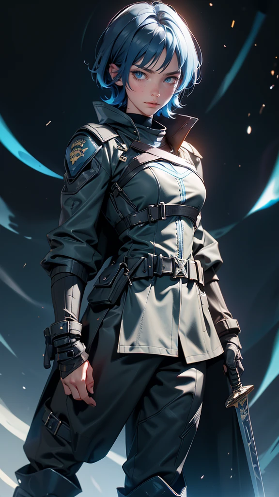 envision a 8k, highres, cinematic, beautiful full body splash art of a Slender tomboy with short dark blue hair, long bangs, blue eyes, freckles, Military Jacket, Tactical Tight Pants, Black Cape, Riot Gear Police accessories, Long Leather Boots, Sword on back, in dark lighting, against a dark gray background